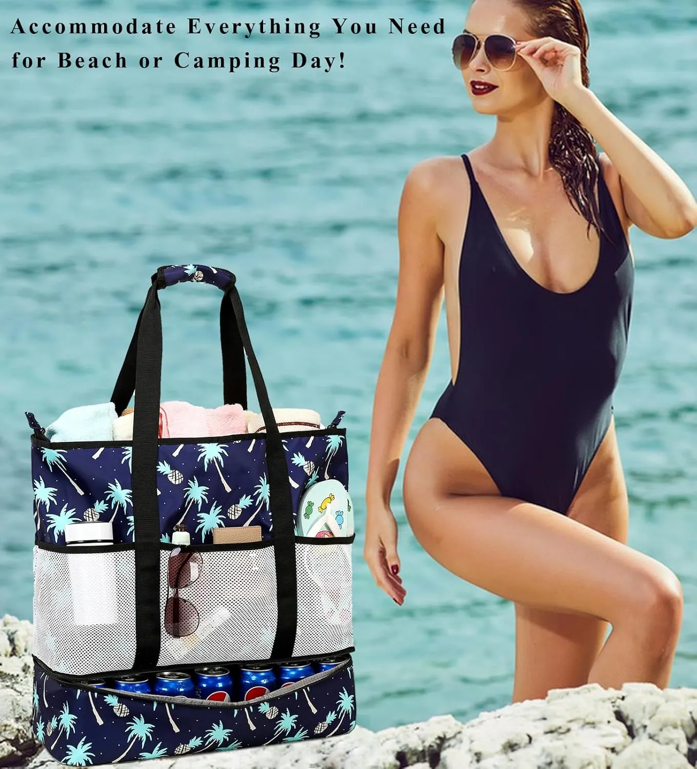 DSIUE Beach Bag with Cooler, Waterproof Sandproof Beach Tote Pool Bags for Women for Beach Vacation Essentials
