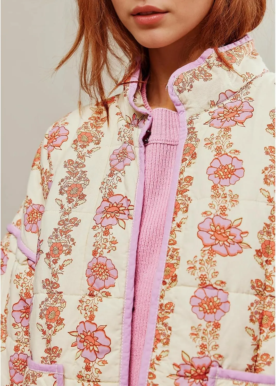 Duyang Women's Cropped Puffer Jacket Lightweight Floral Printed Open Front Quilted Coat Winter Warm Outwear