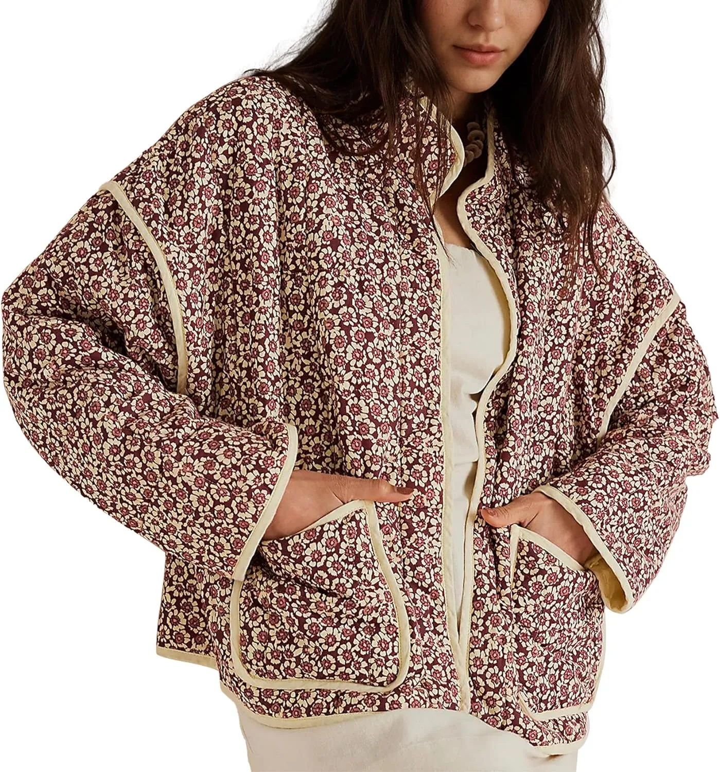 Duyang Women's Cropped Puffer Jacket Lightweight Floral Printed Open Front Quilted Coat Winter Warm Outwear