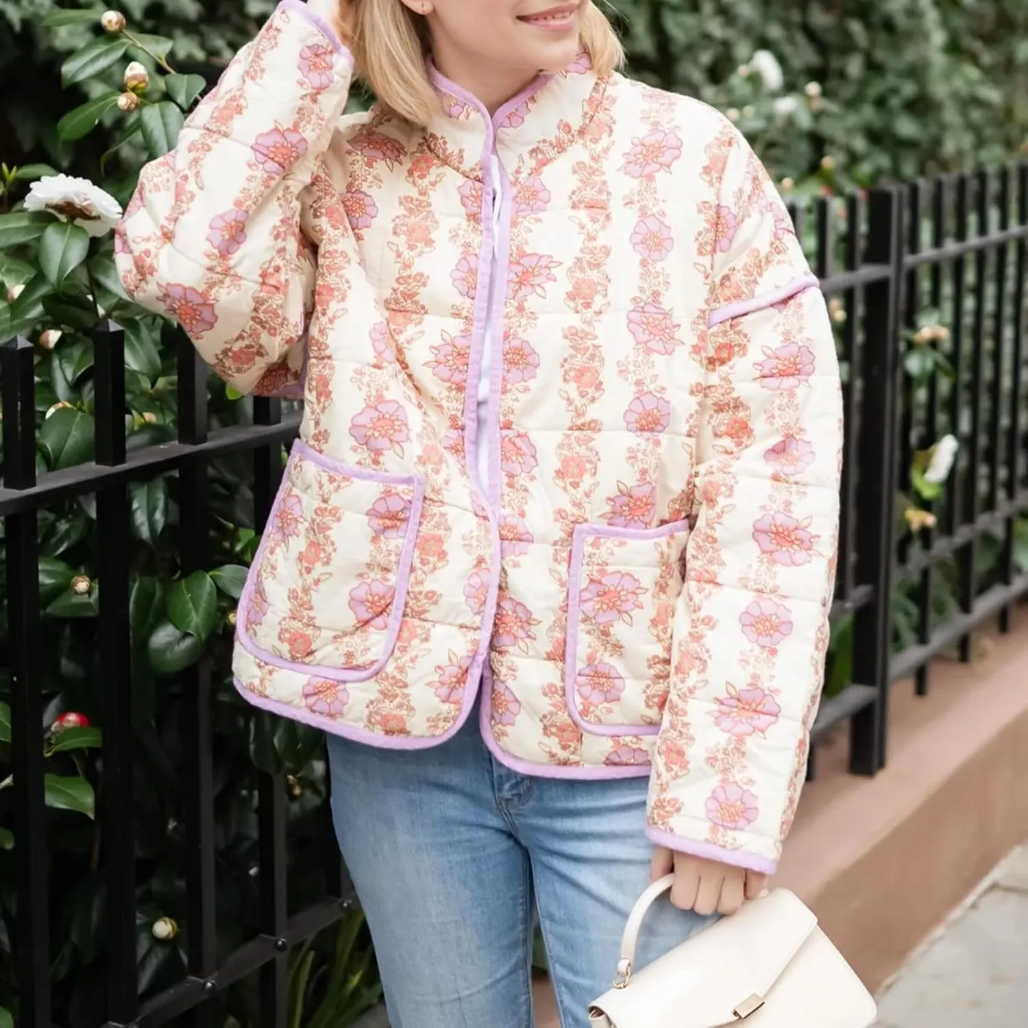 Duyang Women's Cropped Puffer Jacket Lightweight Floral Printed Open Front Quilted Coat Winter Warm Outwear