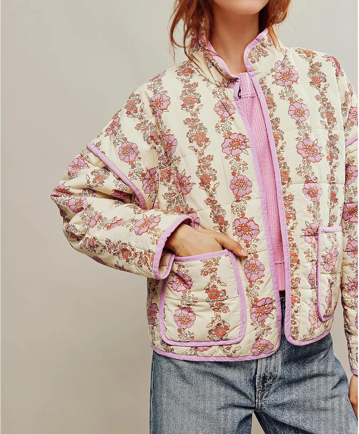 Duyang Women's Cropped Puffer Jacket Lightweight Floral Printed Open Front Quilted Coat Winter Warm Outwear