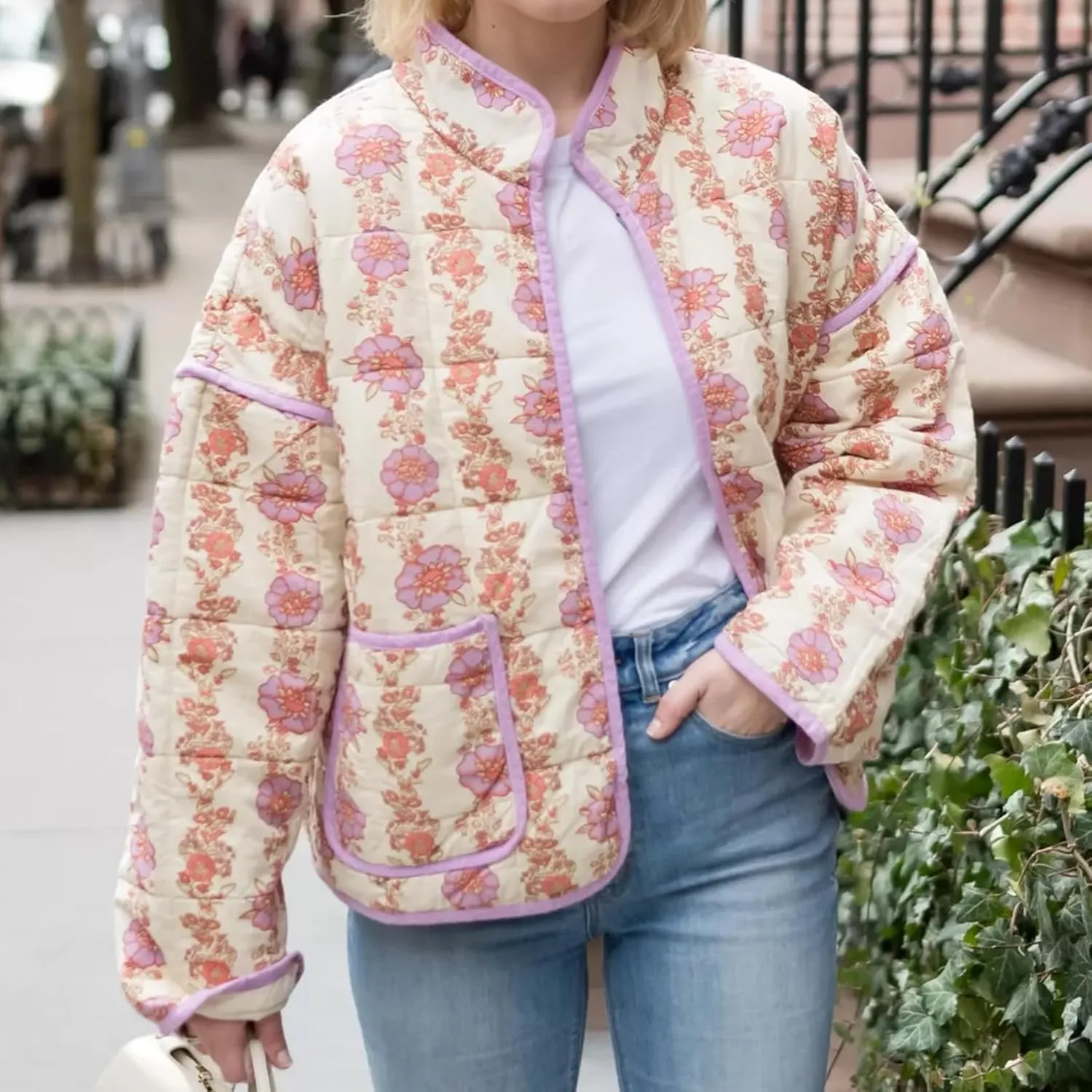 Duyang Women's Cropped Puffer Jacket Lightweight Floral Printed Open Front Quilted Coat Winter Warm Outwear