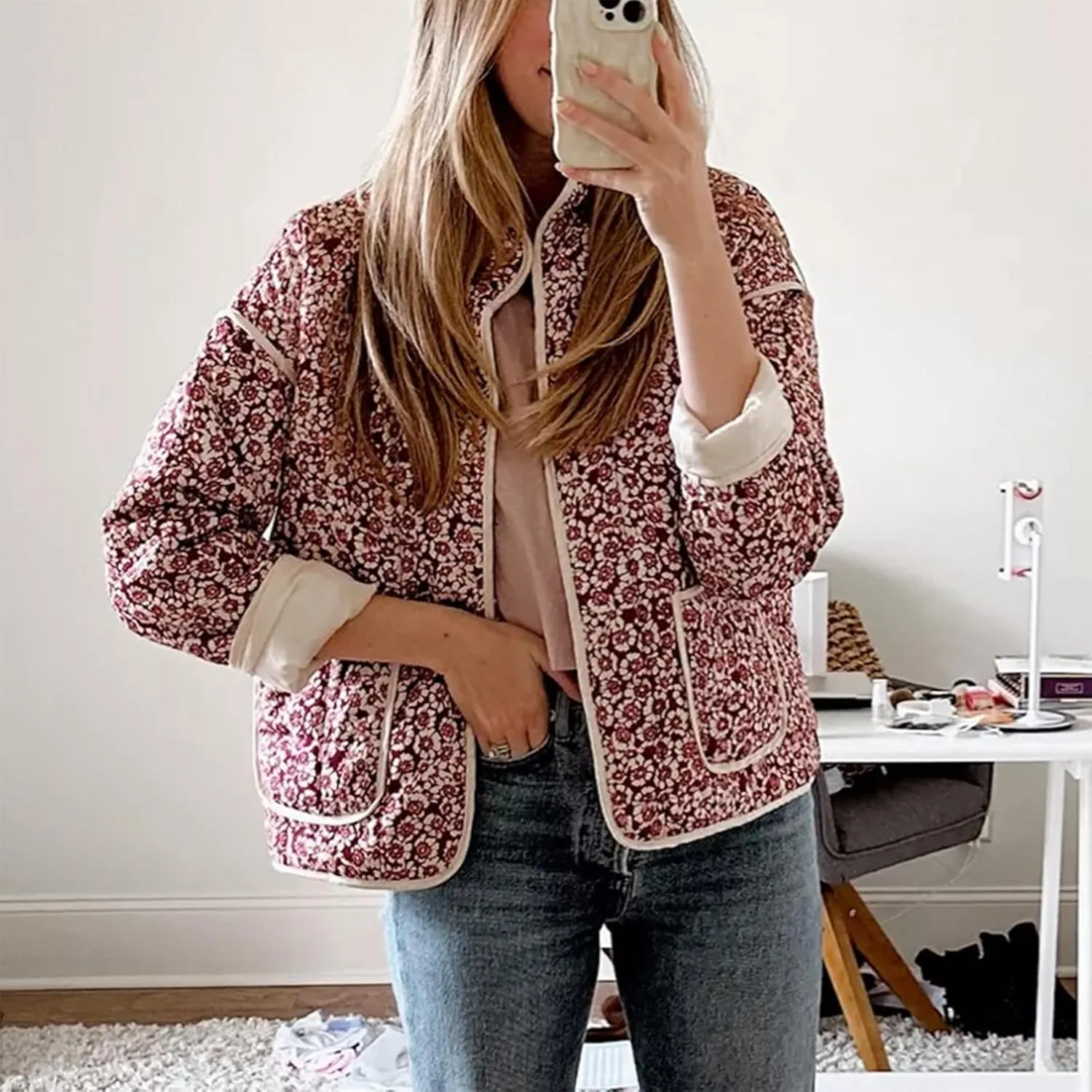 Duyang Women's Cropped Puffer Jacket Lightweight Floral Printed Open Front Quilted Coat Winter Warm Outwear