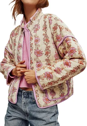 Duyang Women's Cropped Puffer Jacket Lightweight Floral Printed Open Front Quilted Coat Winter Warm Outwear