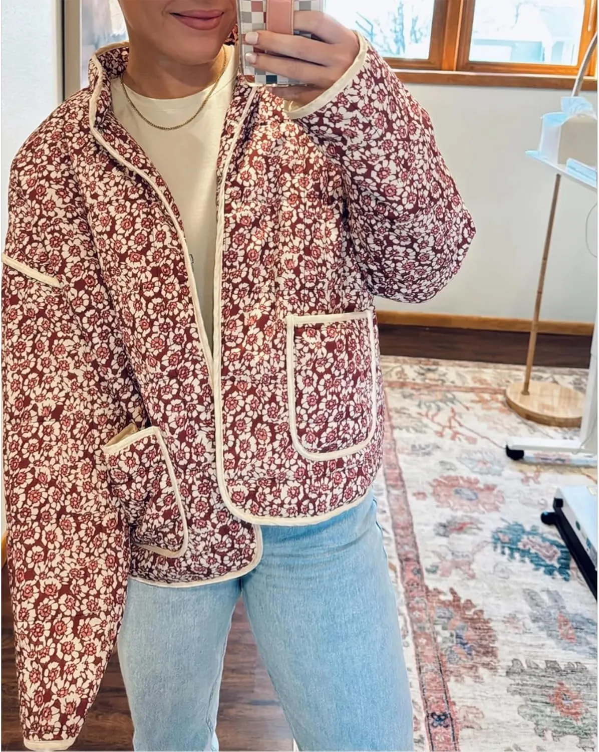 Duyang Women's Cropped Puffer Jacket Lightweight Floral Printed Open Front Quilted Coat Winter Warm Outwear