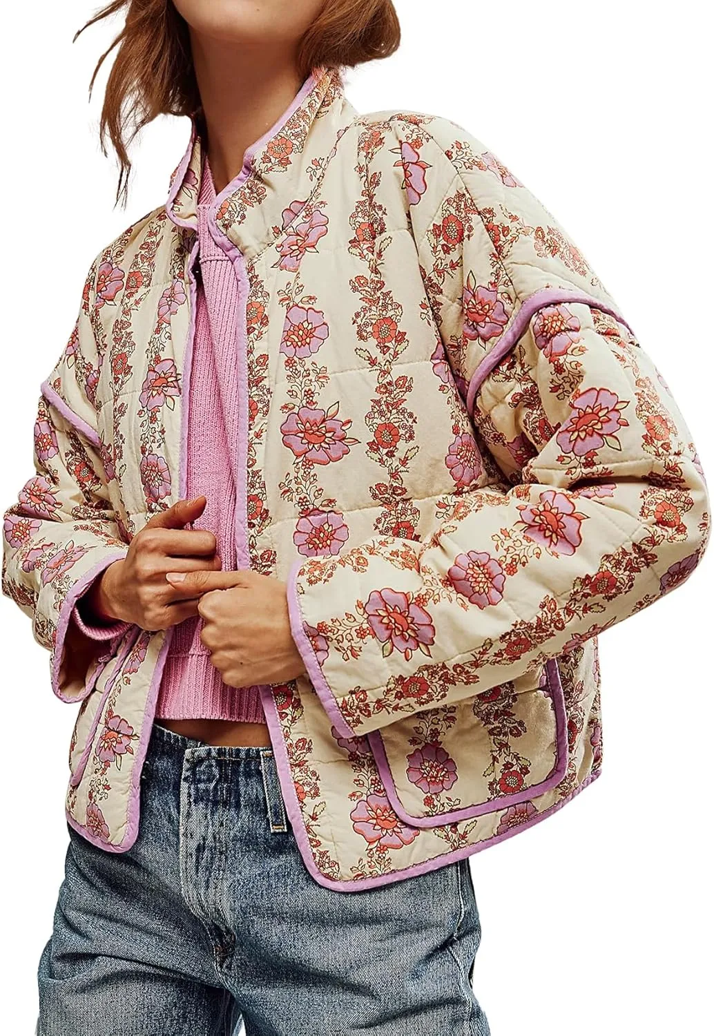 Duyang Women's Cropped Puffer Jacket Lightweight Floral Printed Open Front Quilted Coat Winter Warm Outwear