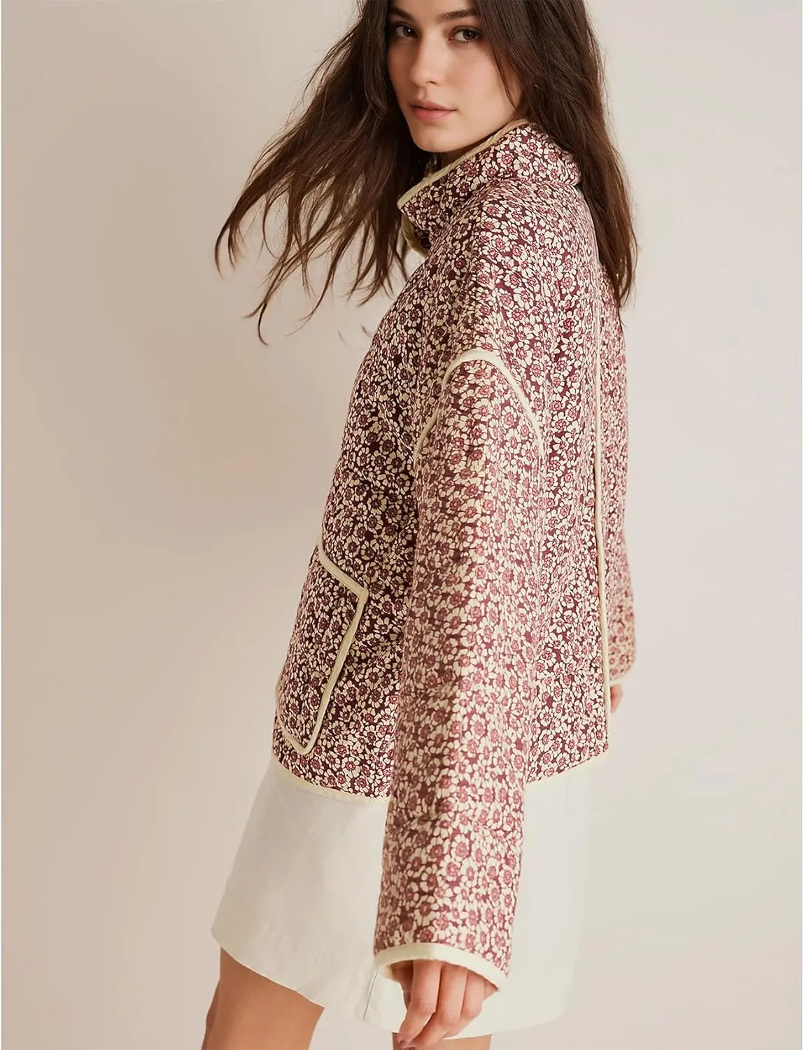 Duyang Women's Cropped Puffer Jacket Lightweight Floral Printed Open Front Quilted Coat Winter Warm Outwear
