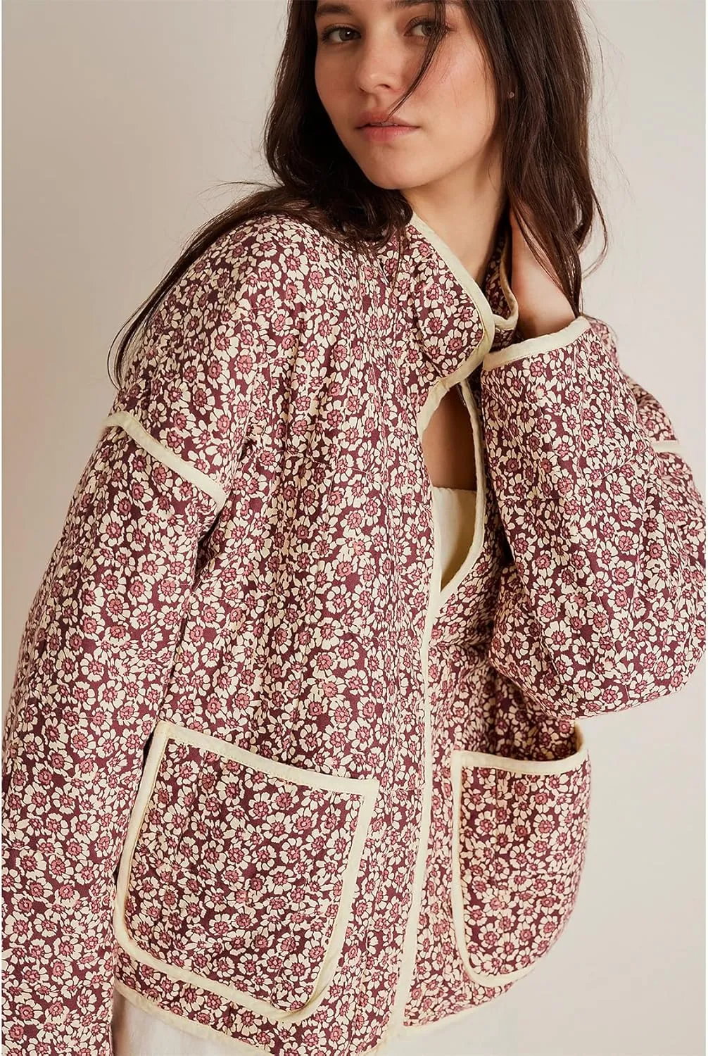Duyang Women's Cropped Puffer Jacket Lightweight Floral Printed Open Front Quilted Coat Winter Warm Outwear