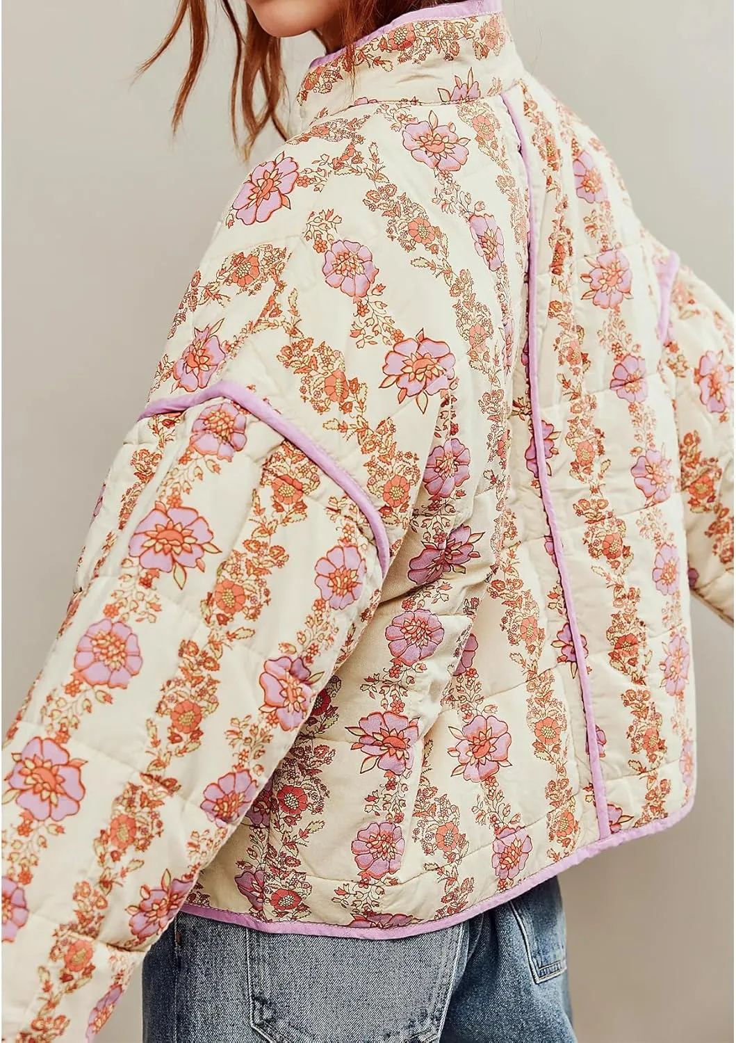 Duyang Women's Cropped Puffer Jacket Lightweight Floral Printed Open Front Quilted Coat Winter Warm Outwear