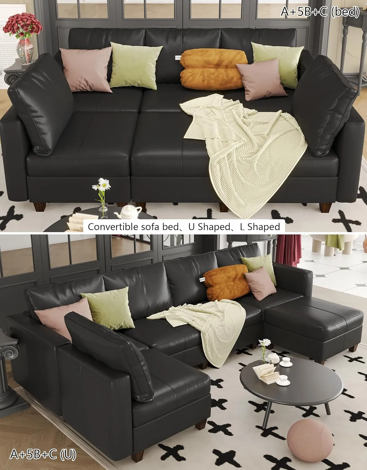 EASE MOOSE Faux Leather Modular Sleeper Couch Sectional Sofa Bed with Storage,Convertible Faux Leather Sectional Sofa,Black