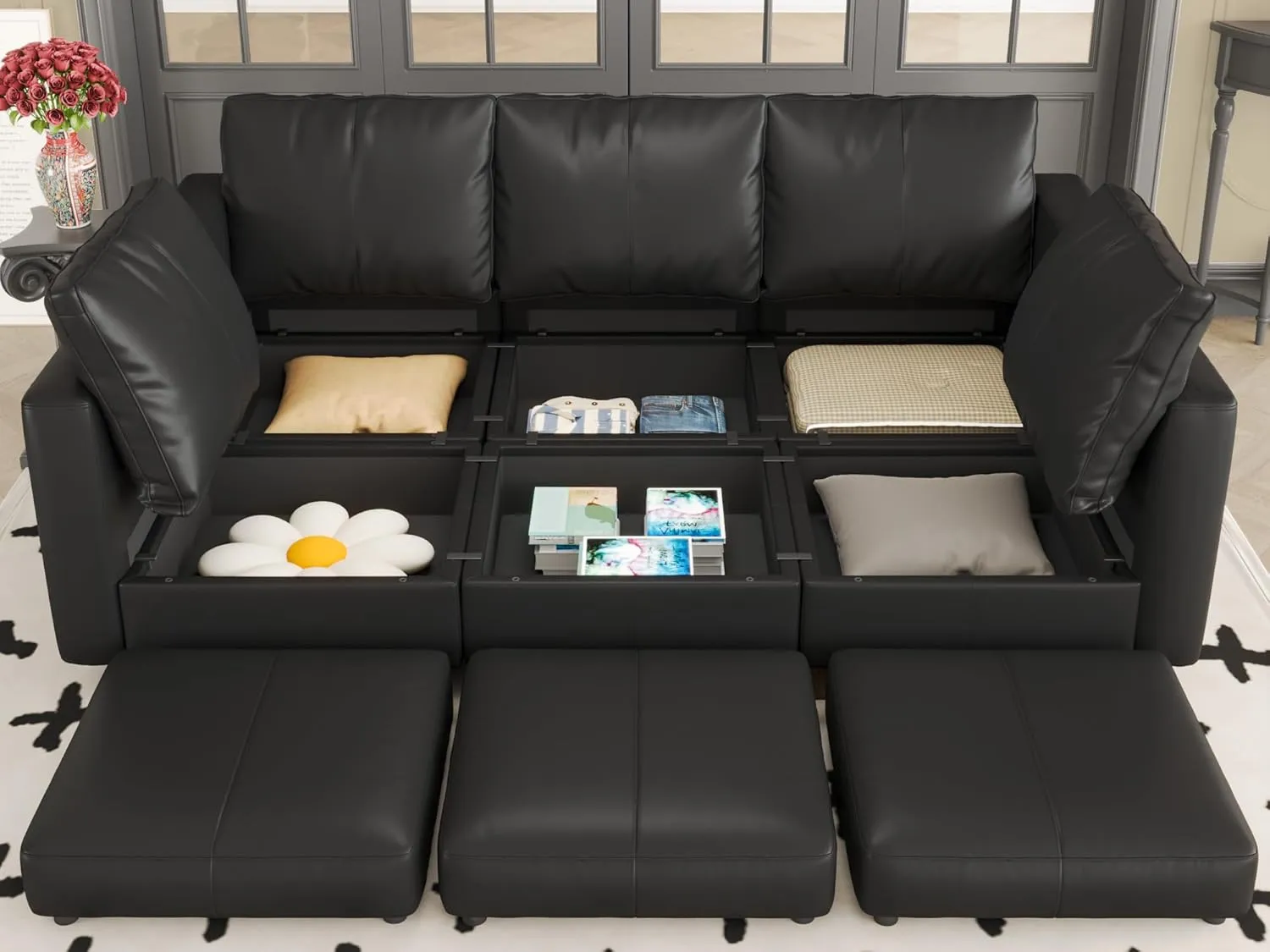 EASE MOOSE Faux Leather Modular Sleeper Couch Sectional Sofa Bed with Storage,Convertible Faux Leather Sectional Sofa,Black