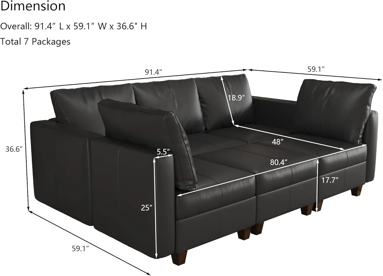 EASE MOOSE Faux Leather Modular Sleeper Couch Sectional Sofa Bed with Storage,Convertible Faux Leather Sectional Sofa,Black