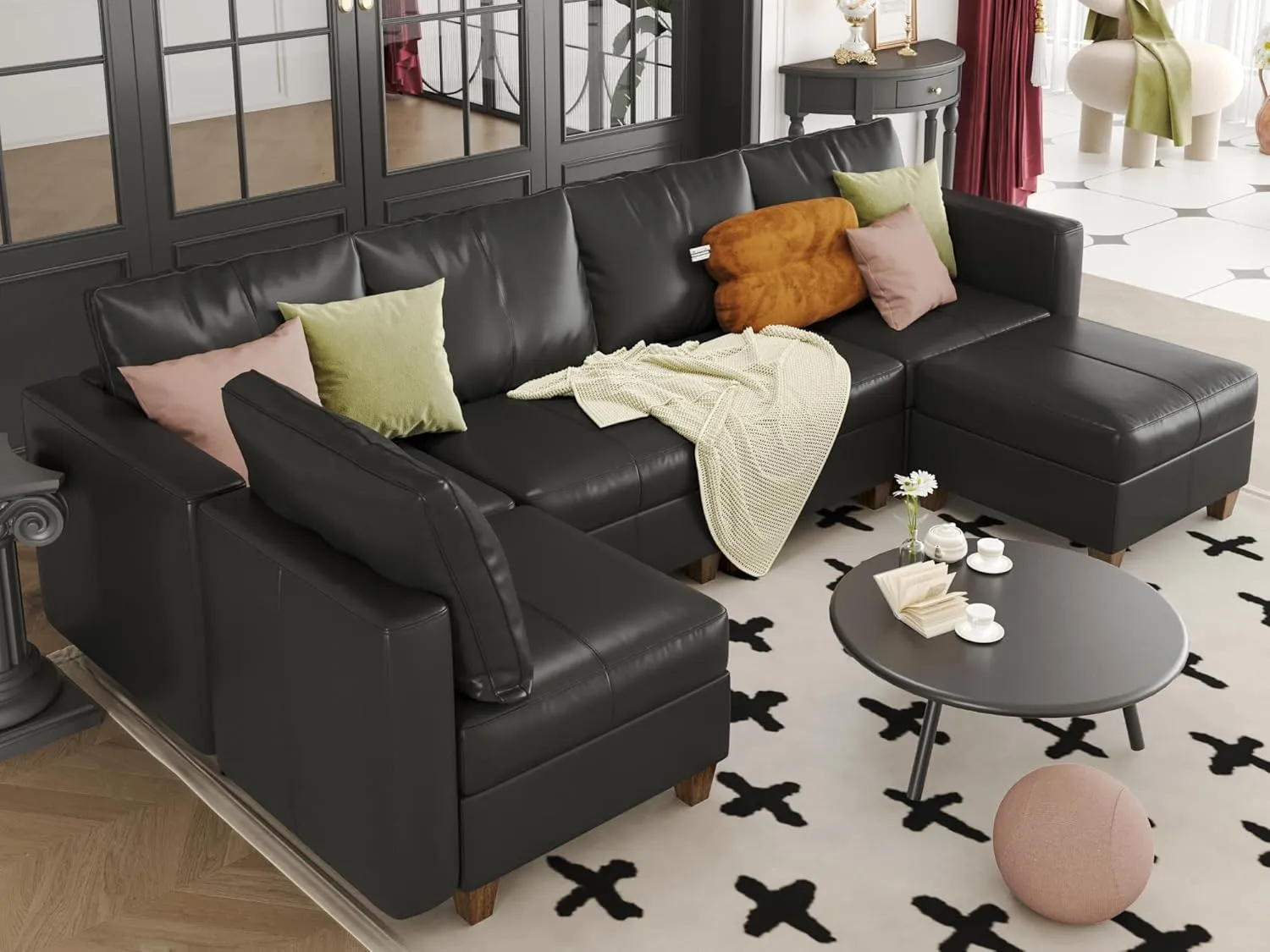 EASE MOOSE Faux Leather Modular Sleeper Couch Sectional Sofa Bed with Storage,Convertible Faux Leather Sectional Sofa,Black