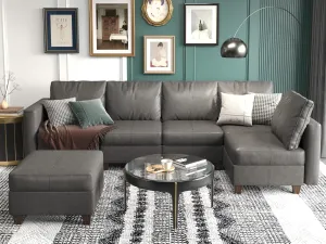 EASE MOOSE Modular Sectional Sofa with Storage Ottomans, Faux Leather Sectional Couch Convertible Sleeper Sofa, Grey