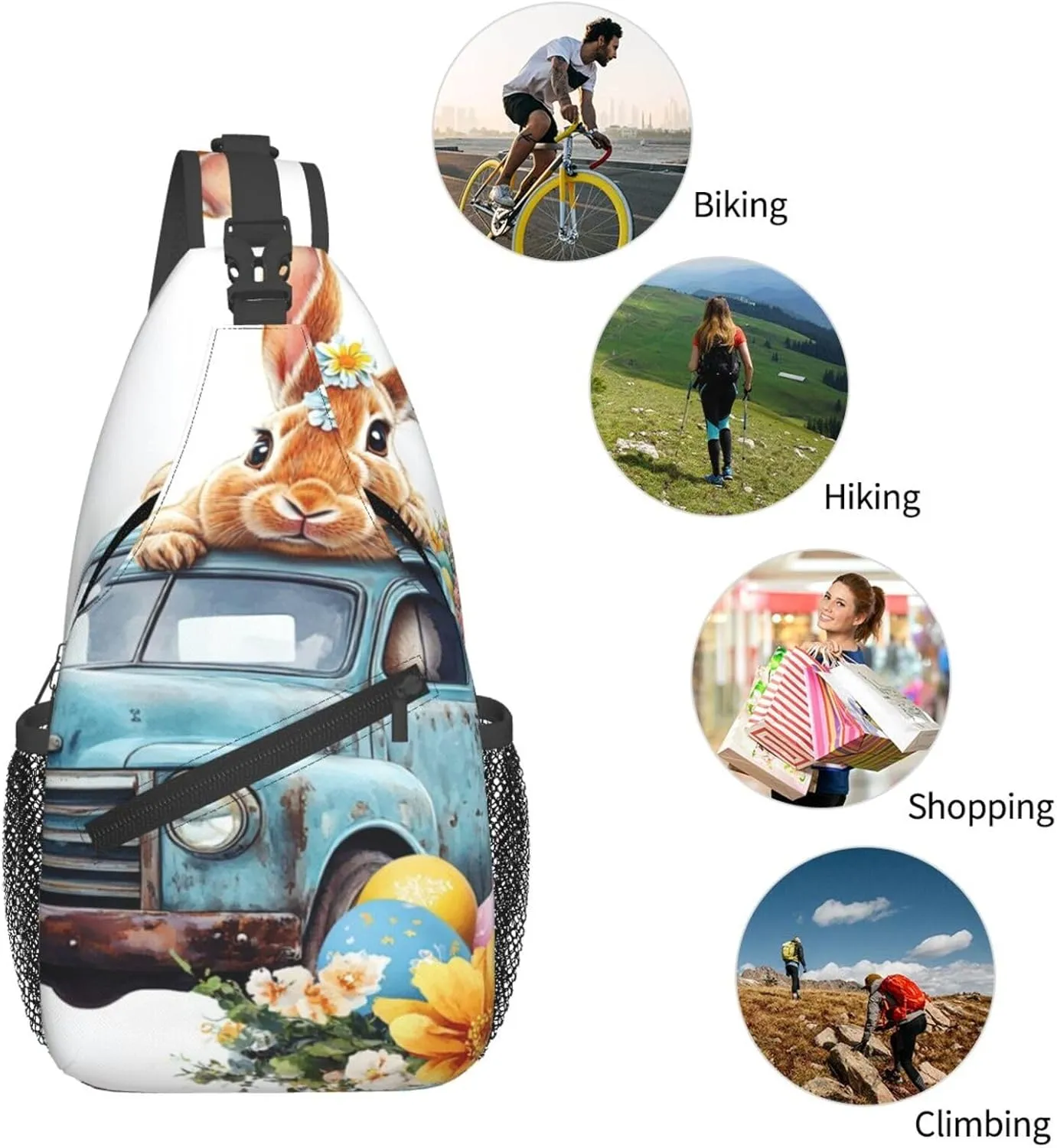 Easter Rabbit And Retro Truck Backpack Travel Hiking Daypack Chest Bags Crossbody Shoulder Bag