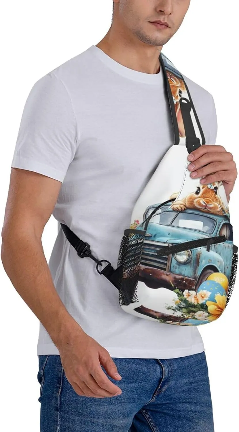 Easter Rabbit And Retro Truck Backpack Travel Hiking Daypack Chest Bags Crossbody Shoulder Bag