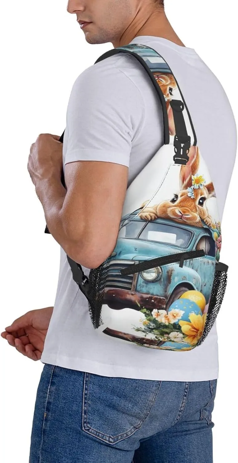 Easter Rabbit And Retro Truck Backpack Travel Hiking Daypack Chest Bags Crossbody Shoulder Bag