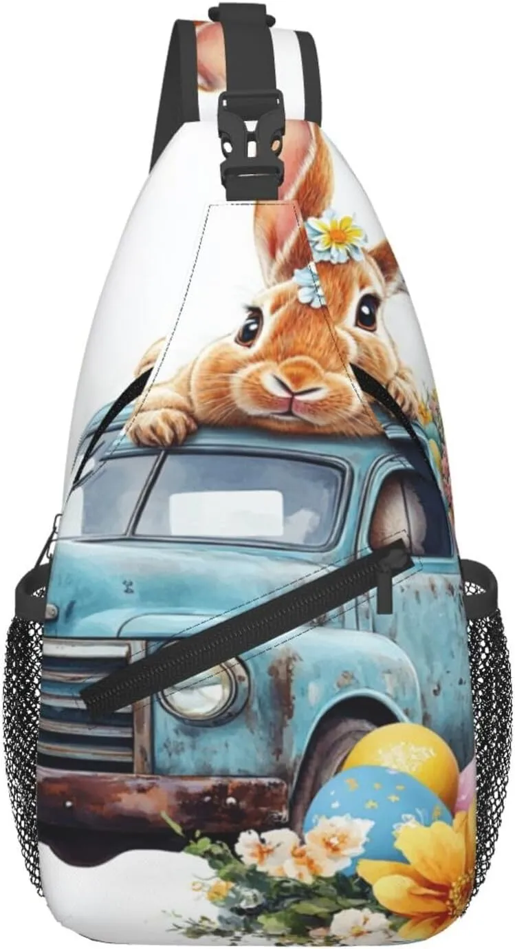 Easter Rabbit And Retro Truck Backpack Travel Hiking Daypack Chest Bags Crossbody Shoulder Bag