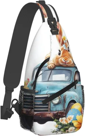 Easter Rabbit And Retro Truck Backpack Travel Hiking Daypack Chest Bags Crossbody Shoulder Bag