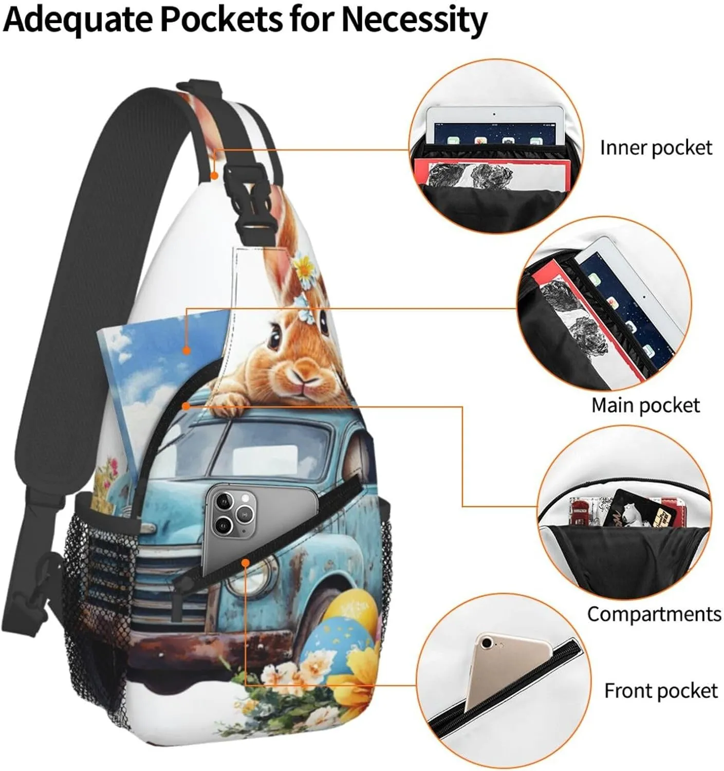Easter Rabbit And Retro Truck Backpack Travel Hiking Daypack Chest Bags Crossbody Shoulder Bag