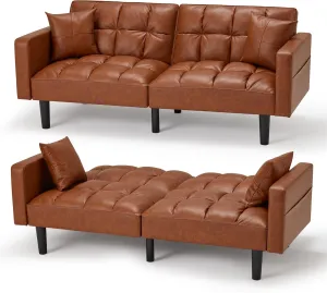 ECOTOUGE Convertible Sofa Bed with Adjustable Back, Modern Faux Leather Futon Couch Sleeper for Living Room Office, Brown