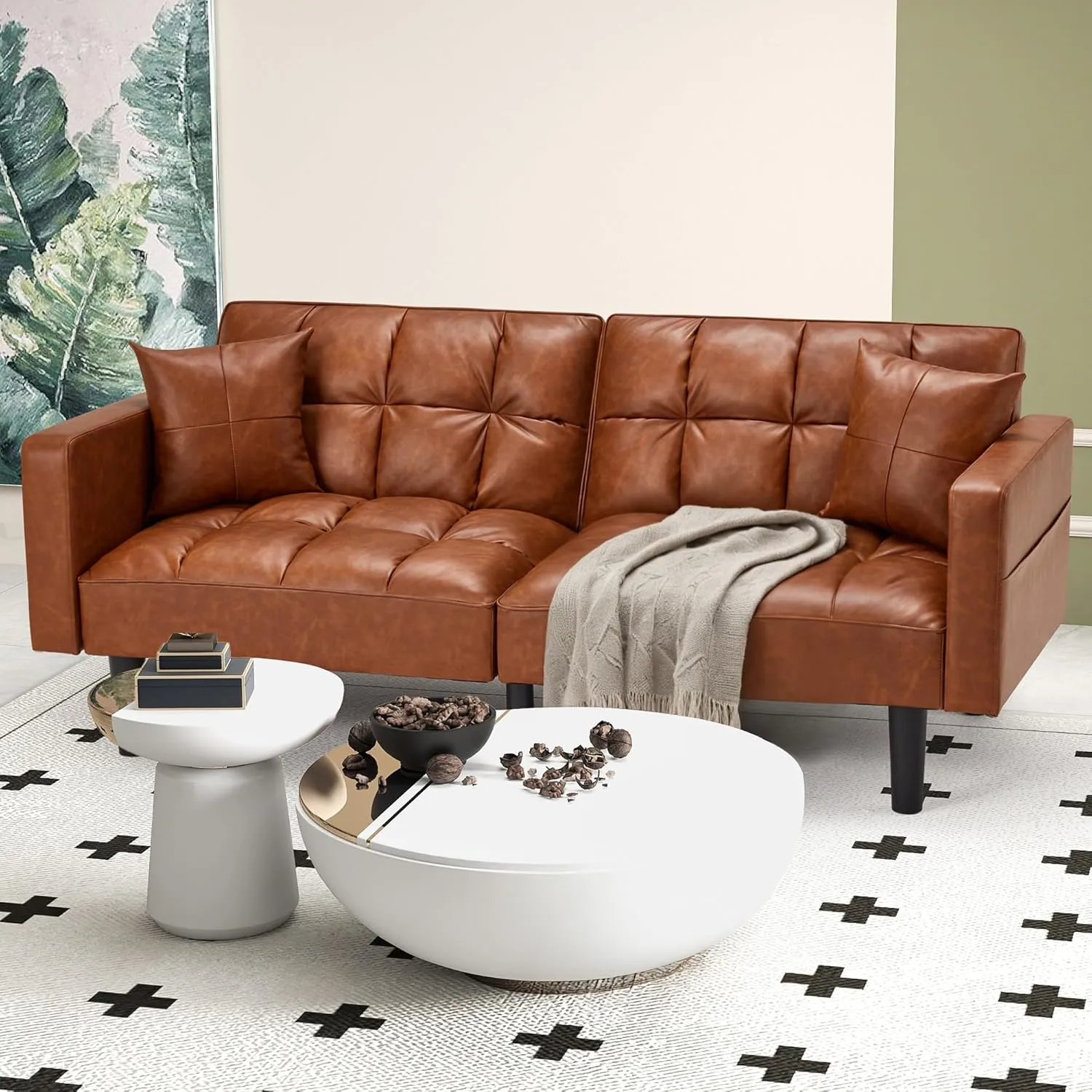 ECOTOUGE Convertible Sofa Bed with Adjustable Back, Modern Faux Leather Futon Couch Sleeper for Living Room Office, Brown