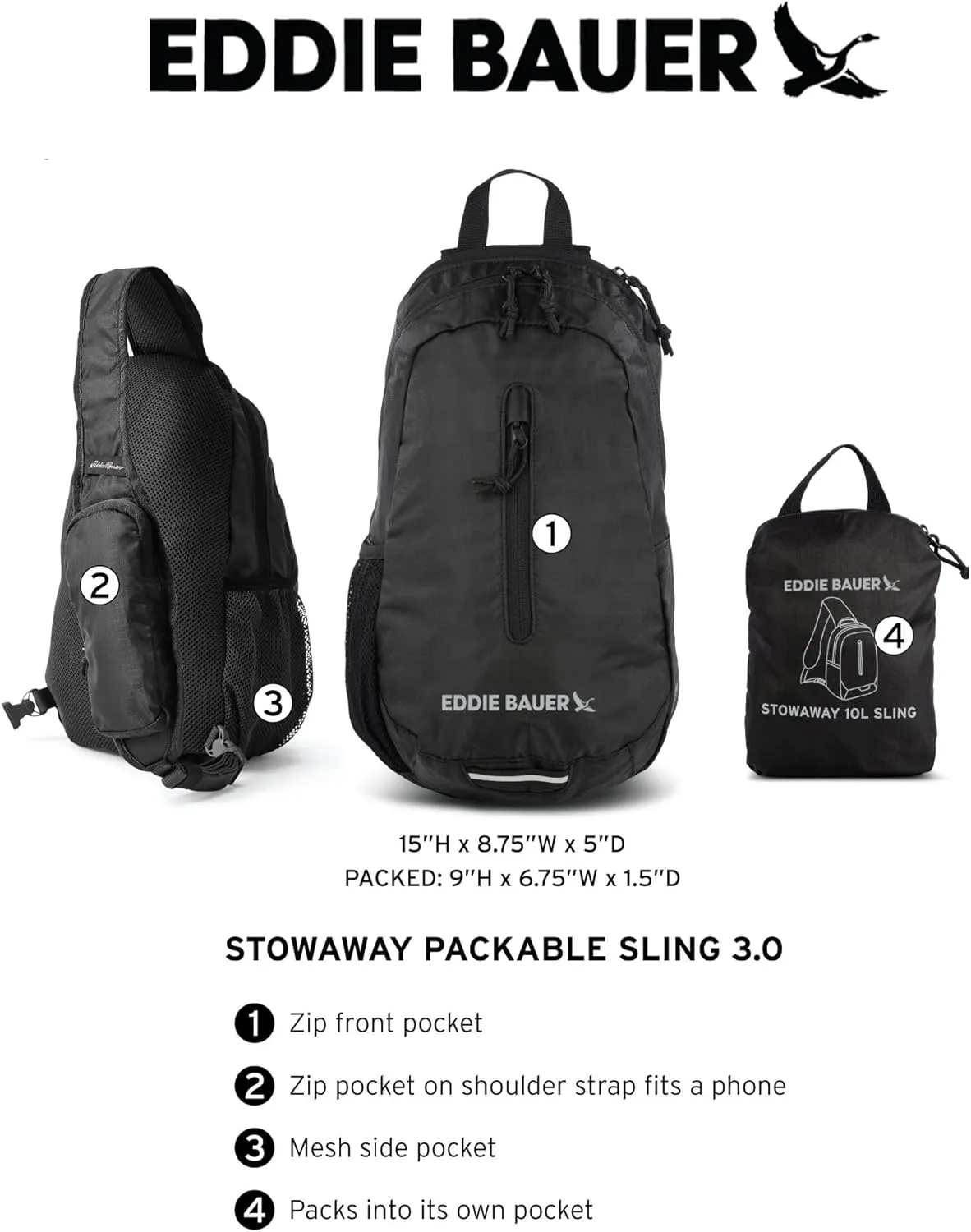 Eddie Bauer Stowaway Packable 10L Sling 3.0 Made from Polyester with Lightly Padded Shoulder Strap, Black Cherry