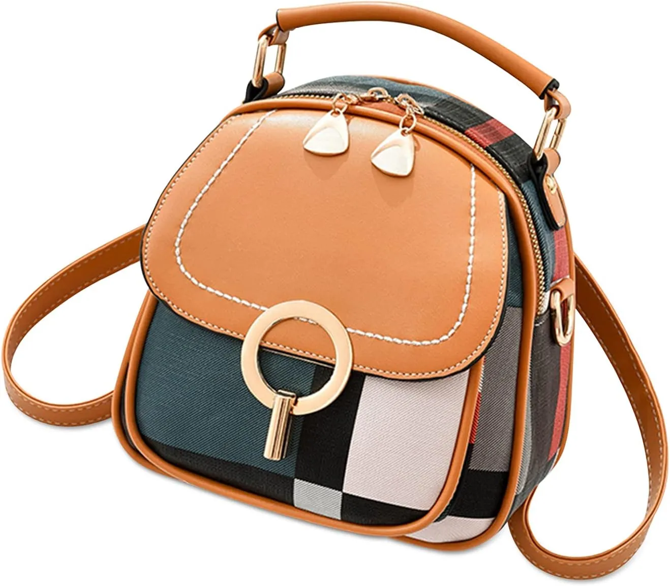 Ergocar Women's Fashion Backpack Purse, Anti-theft Convertible Tote Backpack for Women, Plaid PU Leather Casual Daypack for Girls Shoulder Bag, Ladies Small Travel Purse, Brown
