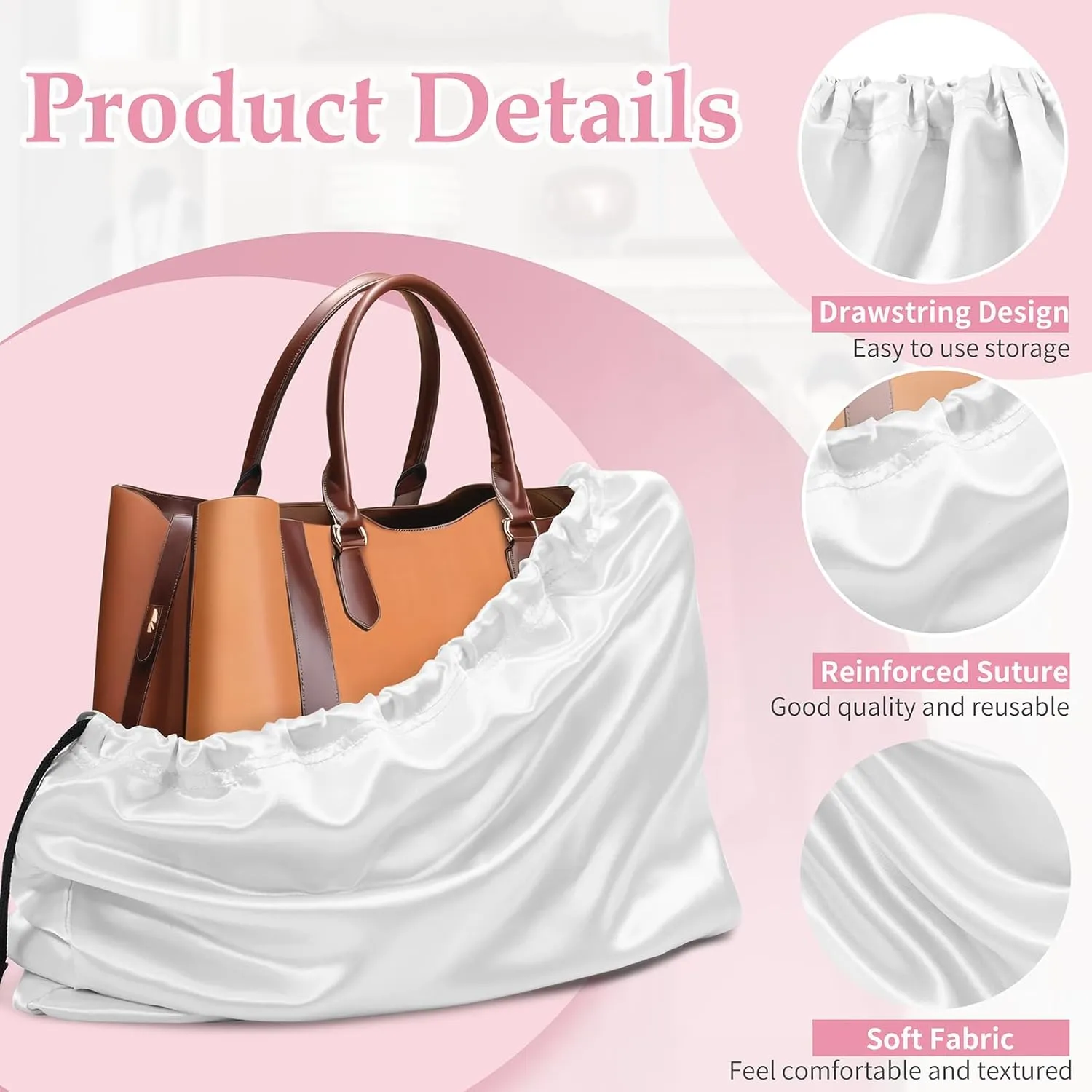 Ersmak 6 Pack Dust Bags for Handbags - Ivory White Silk Dust Cover Bag for Purses Shoes - Satin Drawstring Dustproof Bags for Travel Storage - 19.7 x 15.7 In