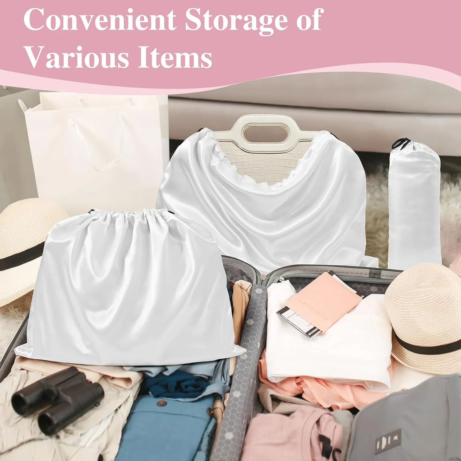 Ersmak 6 Pack Dust Bags for Handbags - Ivory White Silk Dust Cover Bag for Purses Shoes - Satin Drawstring Dustproof Bags for Travel Storage - 19.7 x 15.7 In