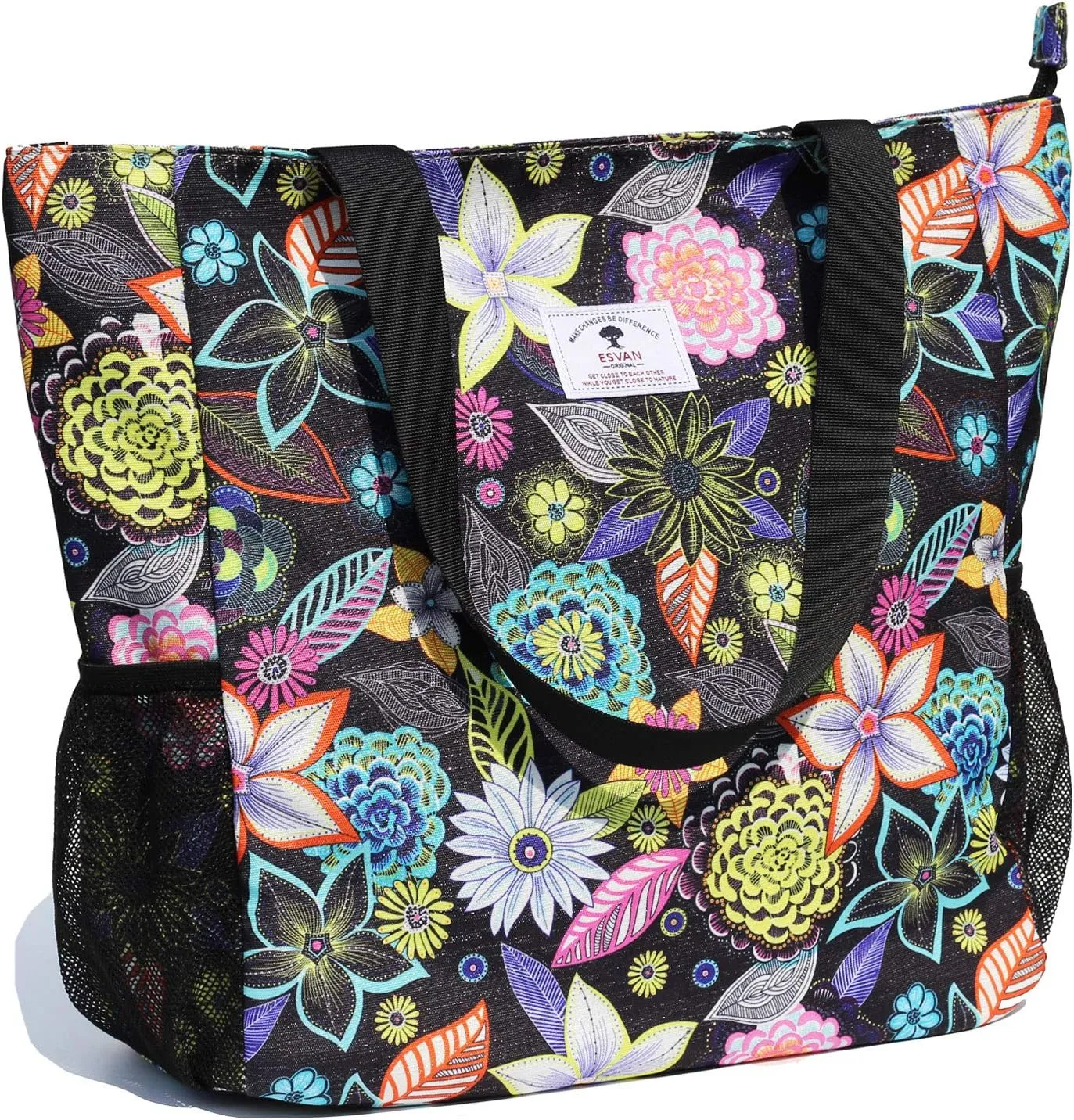 ESVAN Original Floral Water Resistant Large Tote Bag Shoulder Bag for Gym Beach Travel Daily Bags Upgraded