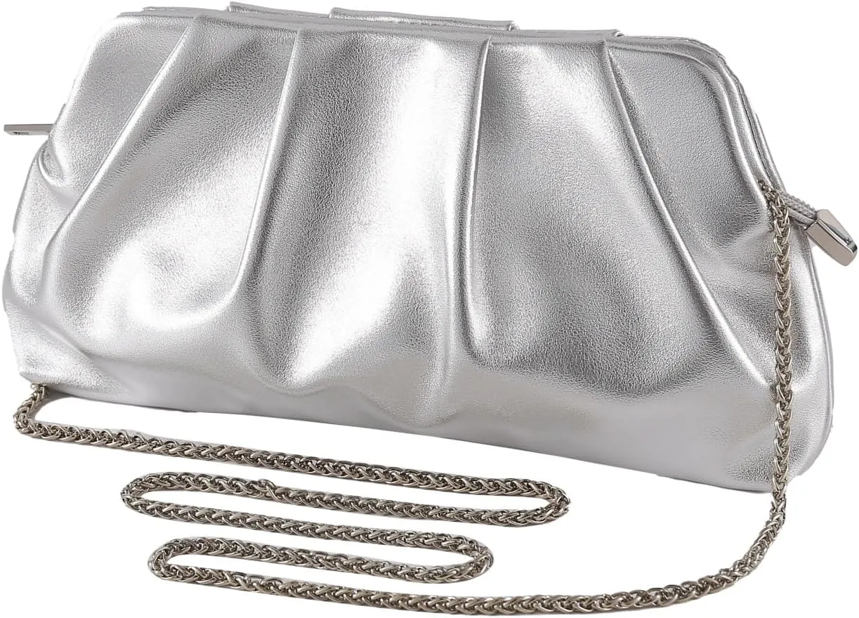 Evening Bag for Women Ruched Clutch Purse Detachable Metal Chain Crossbody Bag