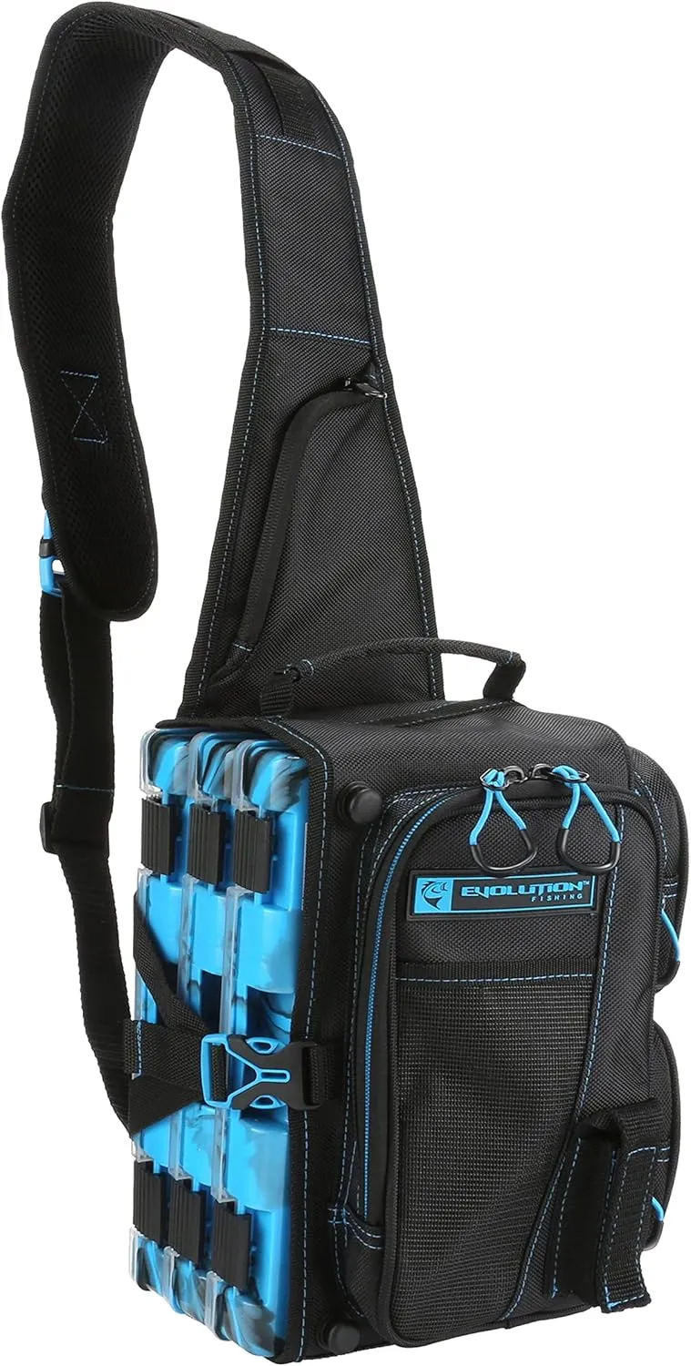 Evolution Fishing Drift Series Sling Pack - Blue, 3600 Size, Outdoor Rucksack w/ 3 Fishing Tackle Trays, Built in Rain Fly, Heavy Duty Fishing Sling Pack, Tackle Carrying Case, Plier Holster