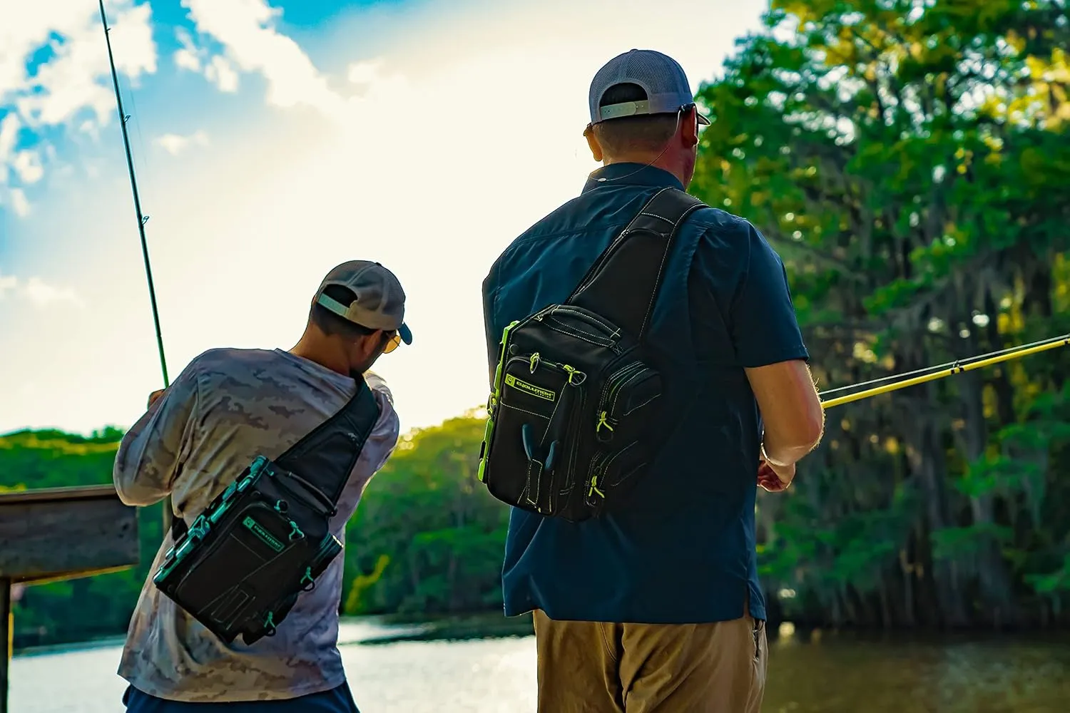 Evolution Fishing Drift Series Sling Pack - Blue, 3600 Size, Outdoor Rucksack w/ 3 Fishing Tackle Trays, Built in Rain Fly, Heavy Duty Fishing Sling Pack, Tackle Carrying Case, Plier Holster