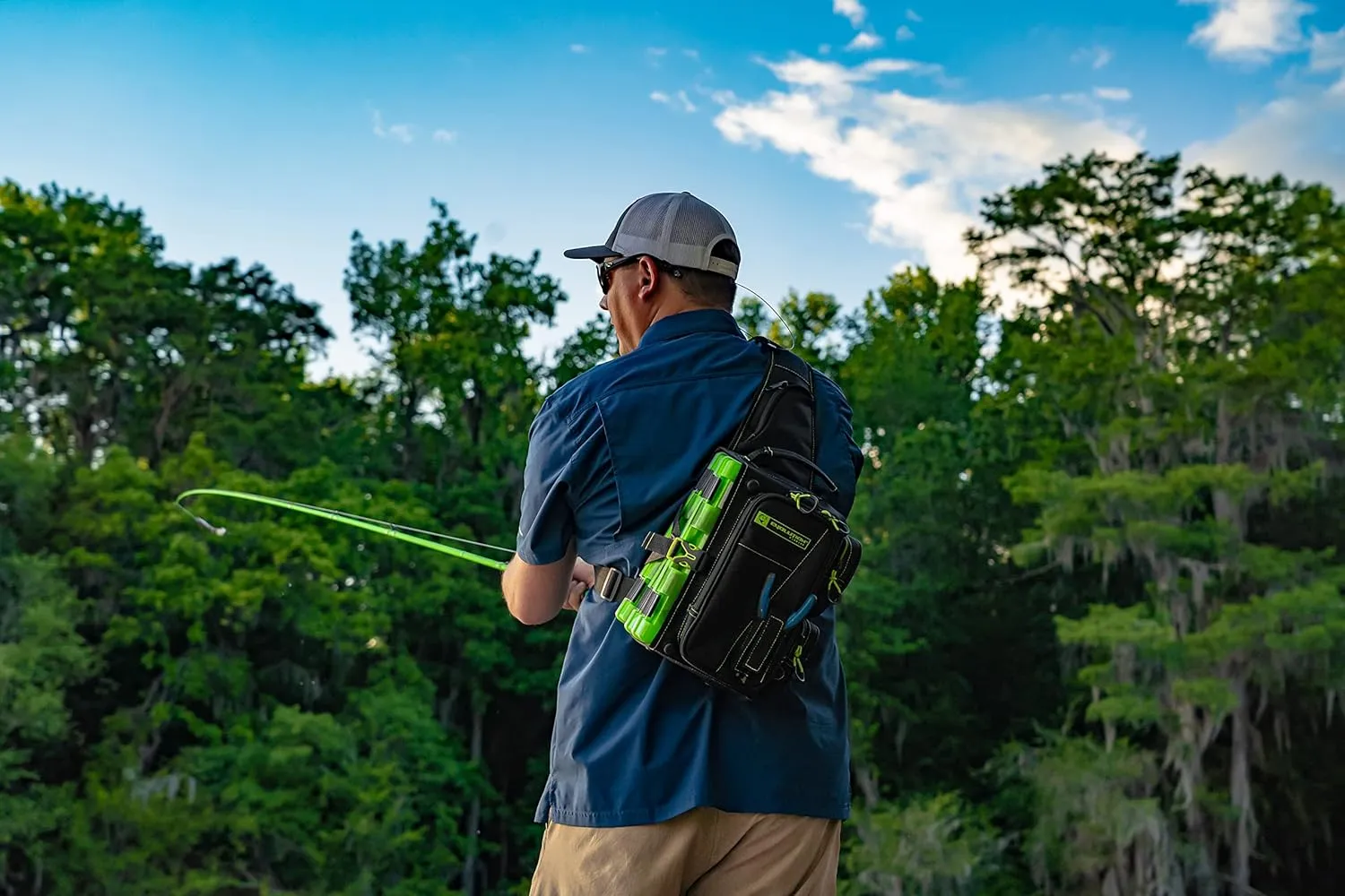 Evolution Fishing Drift Series Sling Pack - Green, 3600 Size, Outdoor Rucksack w/ 3 Fishing Tackle Trays, Built In Rain Fly, Heavy Duty Fishing Sling Pack, Tackle Carrying Case, Plier Holster