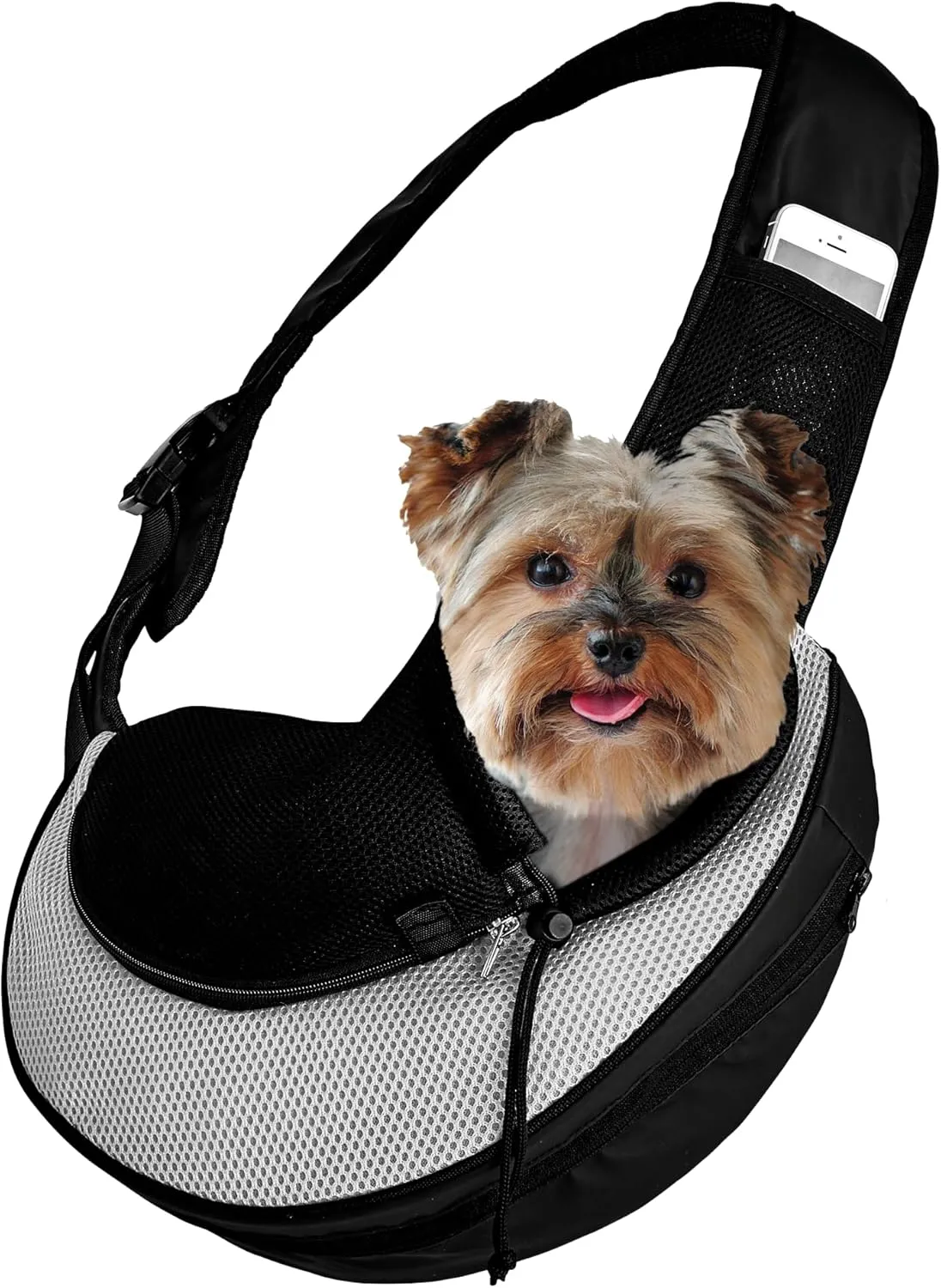 Expandable Pet Carrier Sling Bag - Small Dog, Puppy and Cat Carrier Front Shoulder Backpack w/Harness Strap - Carrying Pouch for ESA, Animal Travel - PU Leather Bottom, Mesh Pocket by Katziela (Grey)