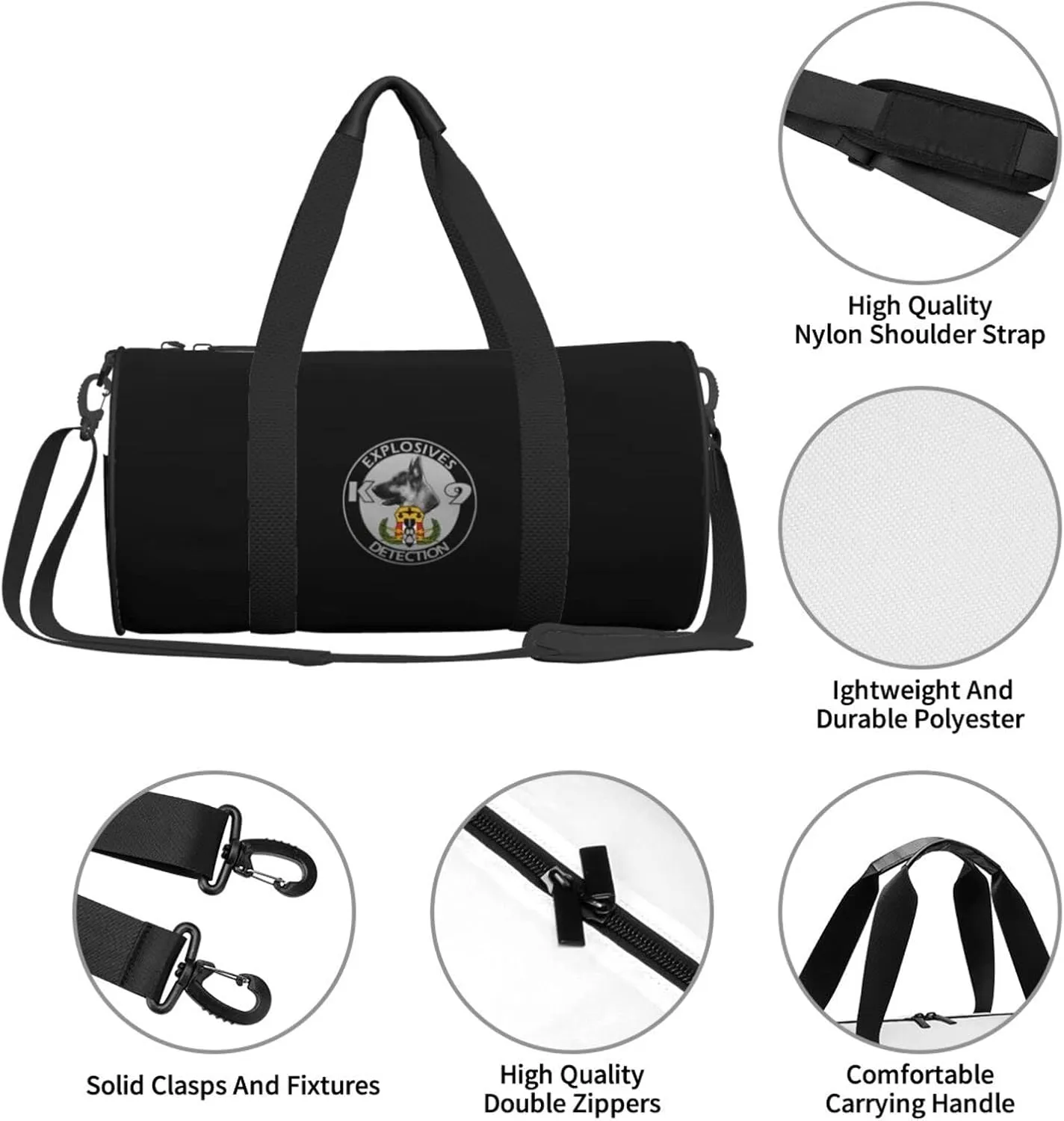 Explosives Detection K9 Travel Luggage Duffel Bag Sports Rolling Foldable Duffel Bag, Black