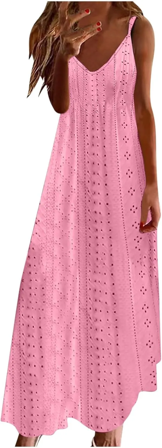 Eyelet Dress for Women 2024 Casual Sleeveless Long Maxi Dress Trendy Sexy V Neck Slip Dress Summer Vacation Outfits