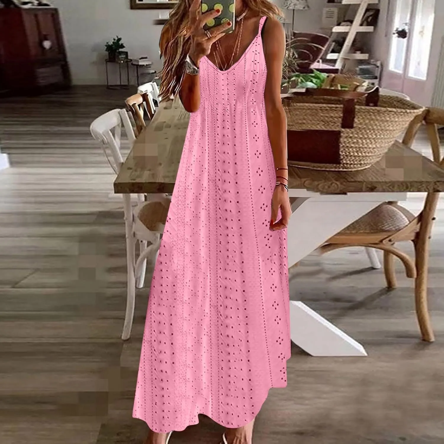 Eyelet Dress for Women 2024 Casual Sleeveless Long Maxi Dress Trendy Sexy V Neck Slip Dress Summer Vacation Outfits