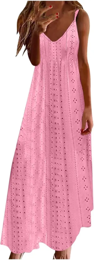 Eyelet Dress for Women 2024 Casual Sleeveless Long Maxi Dress Trendy Sexy V Neck Slip Dress Summer Vacation Outfits