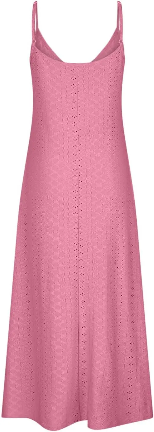 Eyelet Dress for Women 2024 Casual Sleeveless Long Maxi Dress Trendy Sexy V Neck Slip Dress Summer Vacation Outfits