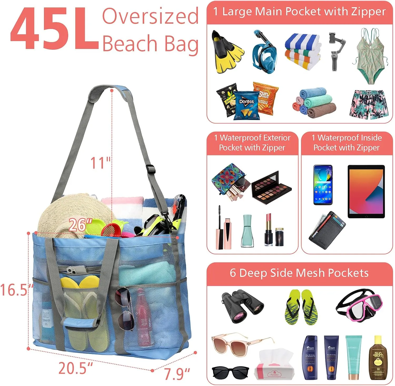 F-color Mesh Beach Bag Family - Beach Tote Bag Cruise Vacation Essentials, XL