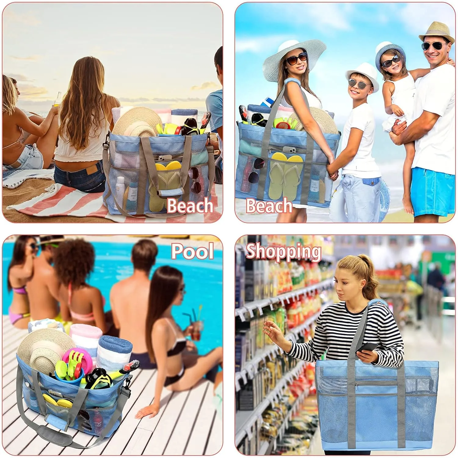 F-color Mesh Beach Bag Family - Beach Tote Bag Cruise Vacation Essentials, XL
