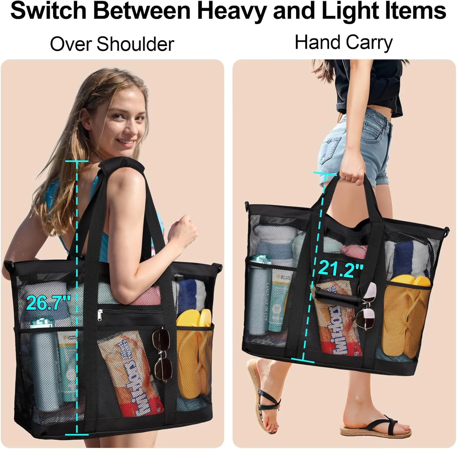 F-color Mesh Beach Bag Family - Beach Tote Bag Cruise Vacation Essentials, XL