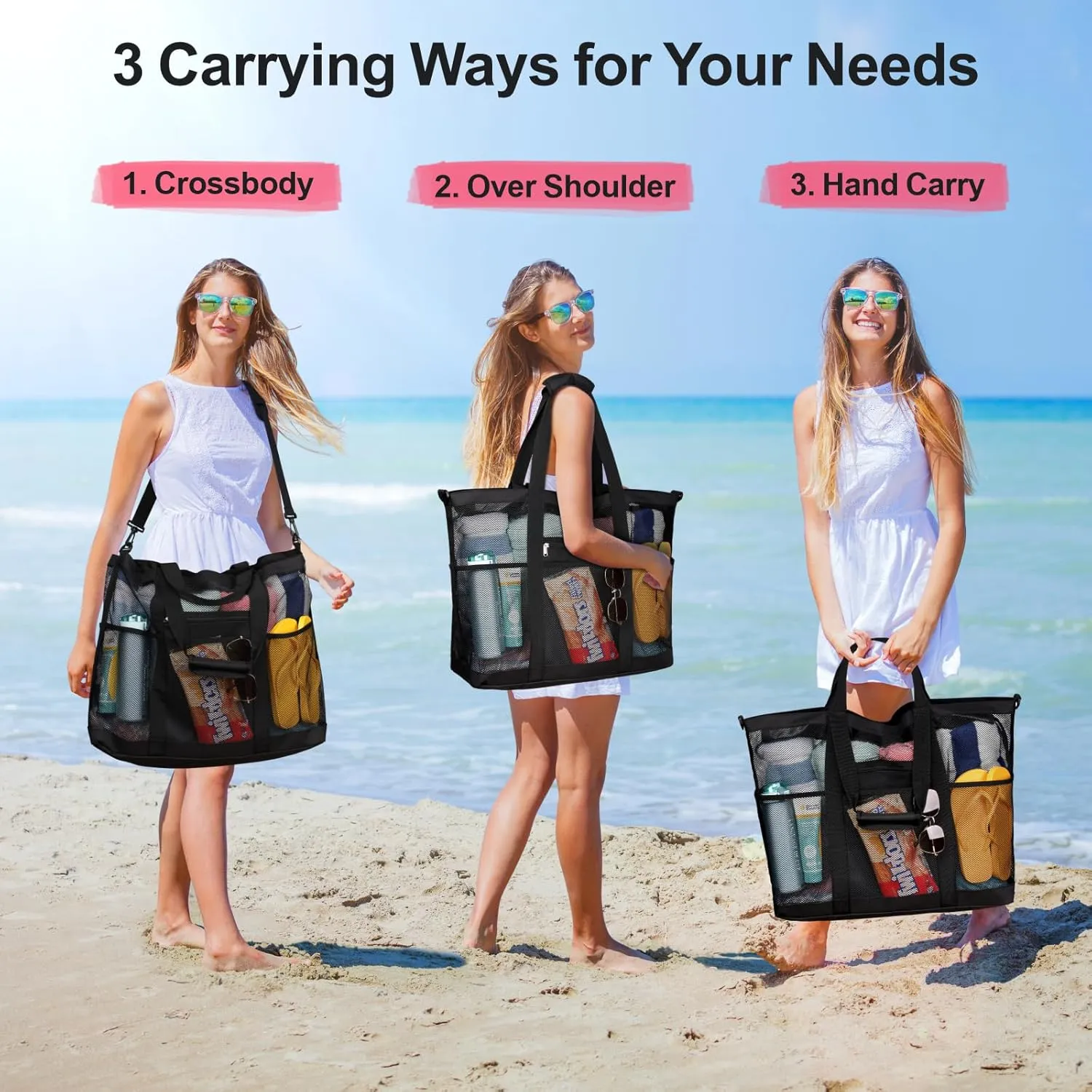 F-color Mesh Beach Bag Family - Beach Tote Bag Cruise Vacation Essentials, XL