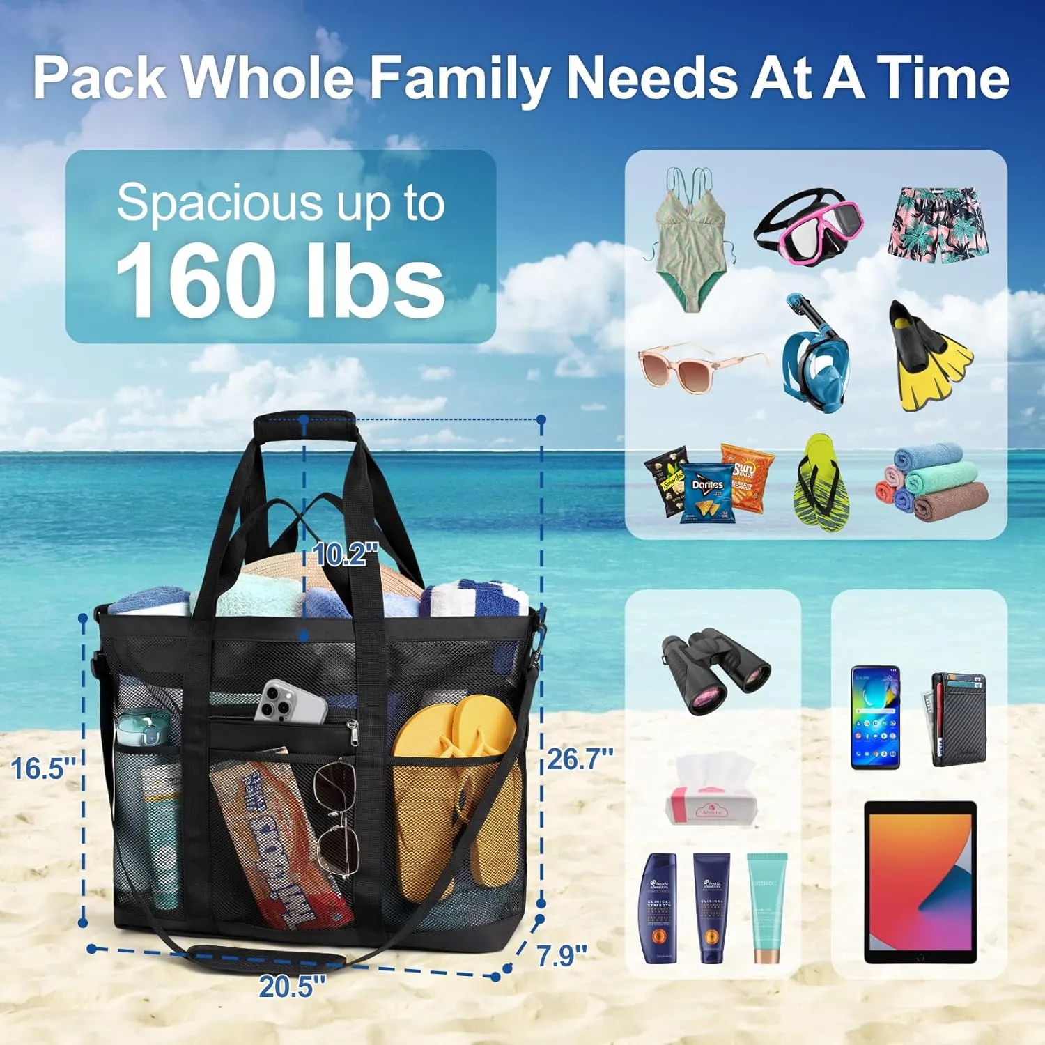 F-color Mesh Beach Bag Family - Beach Tote Bag Cruise Vacation Essentials, XL