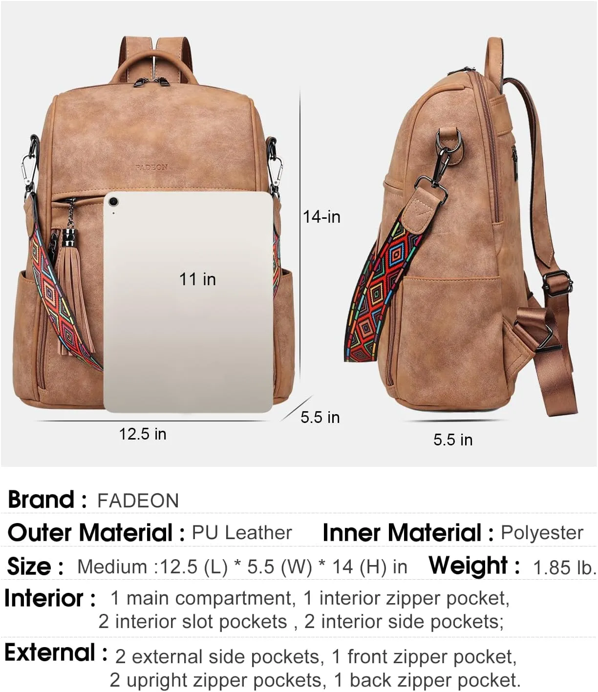 FADEON Leather Backpack Purse for Women Designer Travel Backpack Purses PU Fashion Ladies Shoulder Bag with Tassel