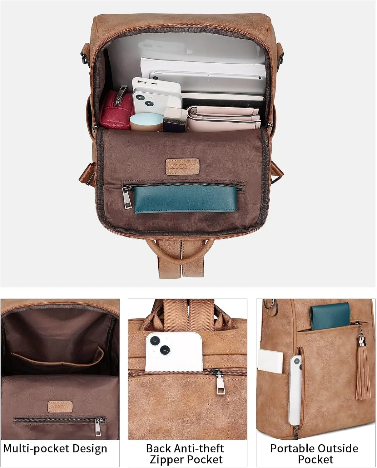 FADEON Leather Backpack Purse for Women Designer Travel Backpack Purses PU Fashion Ladies Shoulder Bag with Tassel