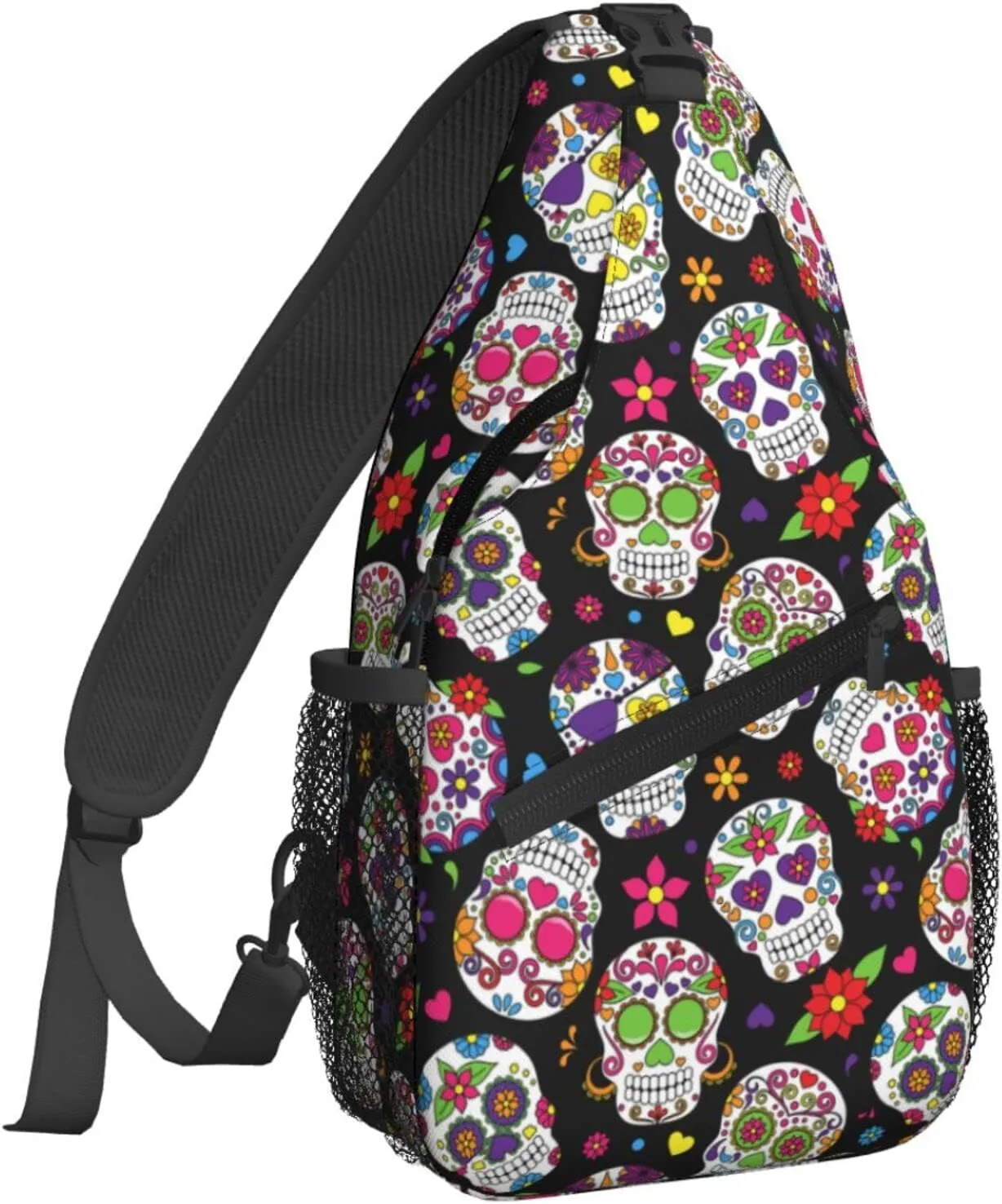 Famame Day Of The Dead Sugar Skulls Sling Backpack Chest Bag Crossbody Shoulder Bag Gym Cycling Travel Hiking Daypack For Men Women Multicolor 25