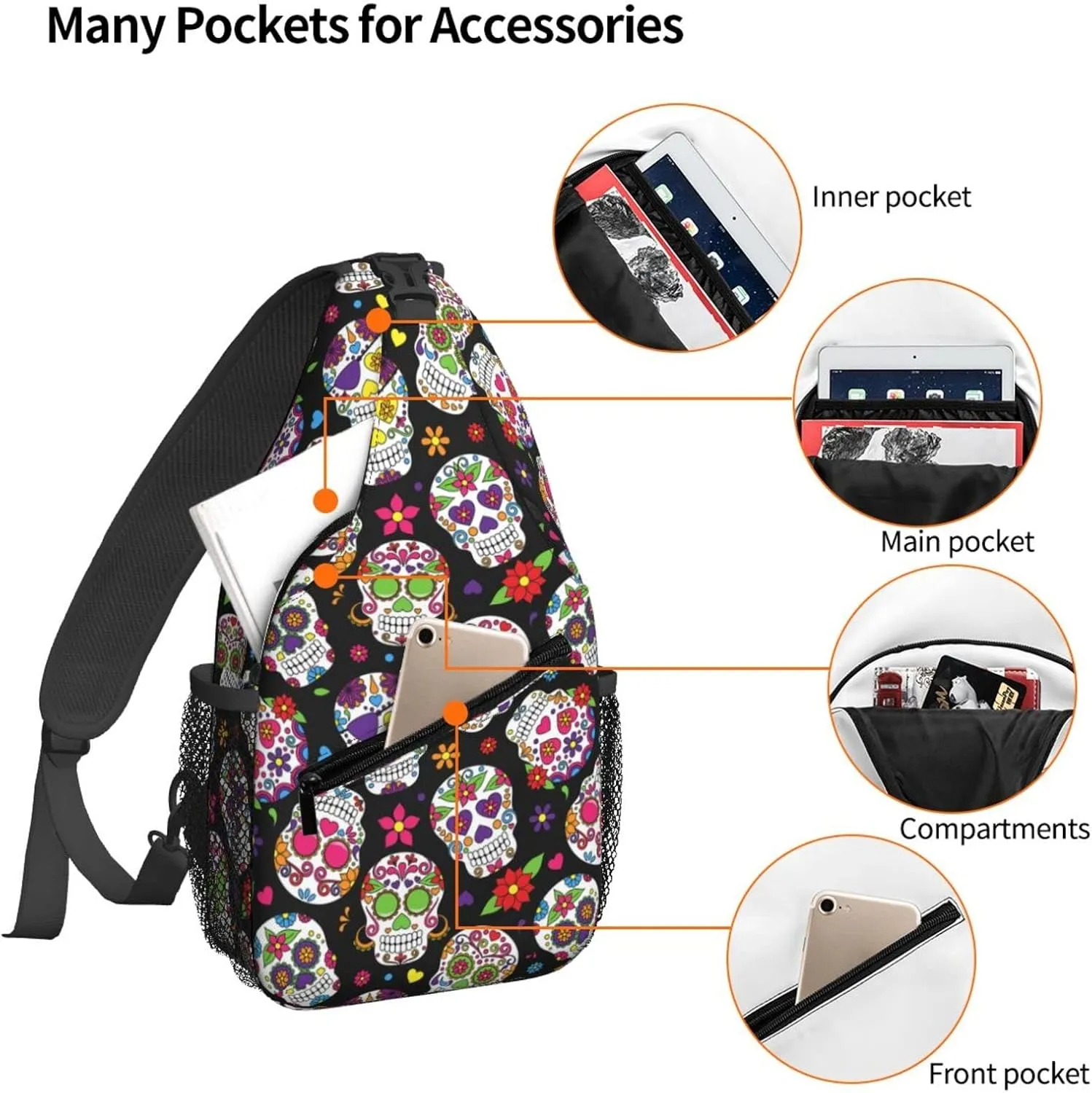 Famame Day Of The Dead Sugar Skulls Sling Backpack Chest Bag Crossbody Shoulder Bag Gym Cycling Travel Hiking Daypack For Men Women Multicolor 25
